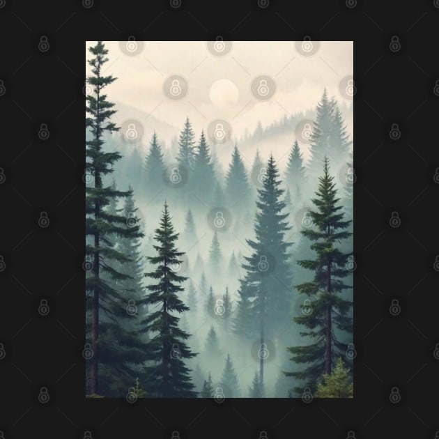 Misty forest in hipster vintage retro style by Anik Arts