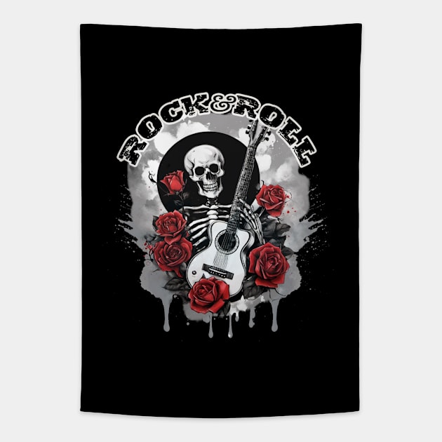 Skeleton ,Guitar and Roses - Rock and Roll Tapestry by Merilinwitch