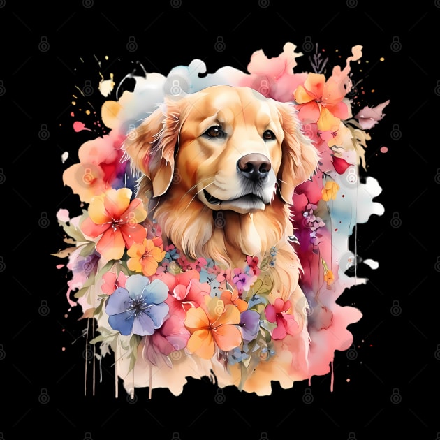 A golden retriever decorated with beautiful watercolor flowers by CreativeSparkzz