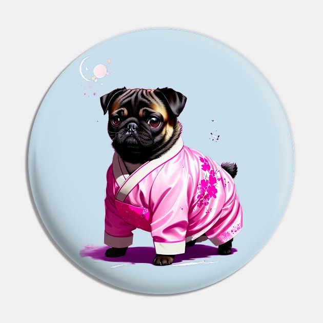Tranquil Pug in Pink Hanbok Enjoying the Serenity of Moonlight Pin by fur-niche