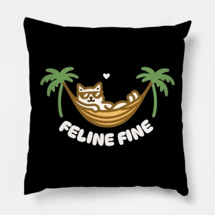 Feline Fine | Cute cat enjoying summer on a beach with feeling fine vibe | Cat Puns Pillow