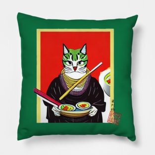 Samurai Cat Enjoying Ramen Pillow