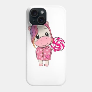 Cute unicorn in a pink coat with a lollipop. Phone Case