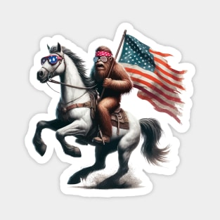 Funny Bigfoot Sasquatch USA Patriotic Horse Riding Magnet