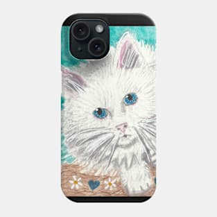 Fluffy white cat watercolor painting Phone Case