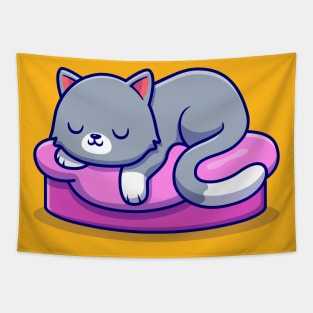 Cute Cat Sleeping On The Pillow Cartoon Tapestry