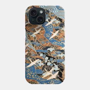 FLYING WHITE CRANES ON BLUE WATERS AND SPRING FLOWERS Gold Teal Blue Japanese Floral Phone Case