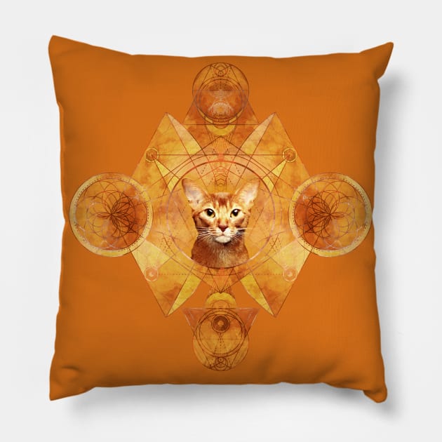 Abyssinian Cat in Sacred Geometry Ornament Pillow by Nartissima