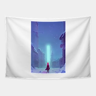 Anime Girl Cyberpunk Laser Snowy Christmas Landscape Tapestry