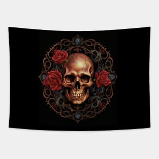 Eternal Beauty: Skull and Rose Illustration in Rococo Realms Tapestry