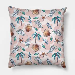 Tropical Beach Shells and Leaves Watercolor Pillow