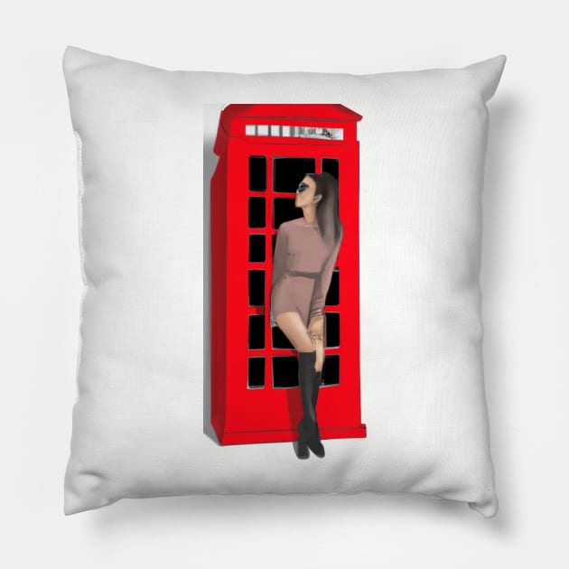 Girl in an English phone booth Pillow by Designs and Dreams