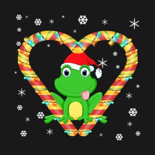 Cute Frog Candy Cane Heart Funny Christmas Light Gift T-Shirt