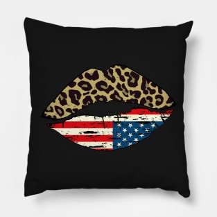 Leopard Patriotic Kiss,4th of July,American flag lips, Cheetah Pattern & American Kiss Pillow