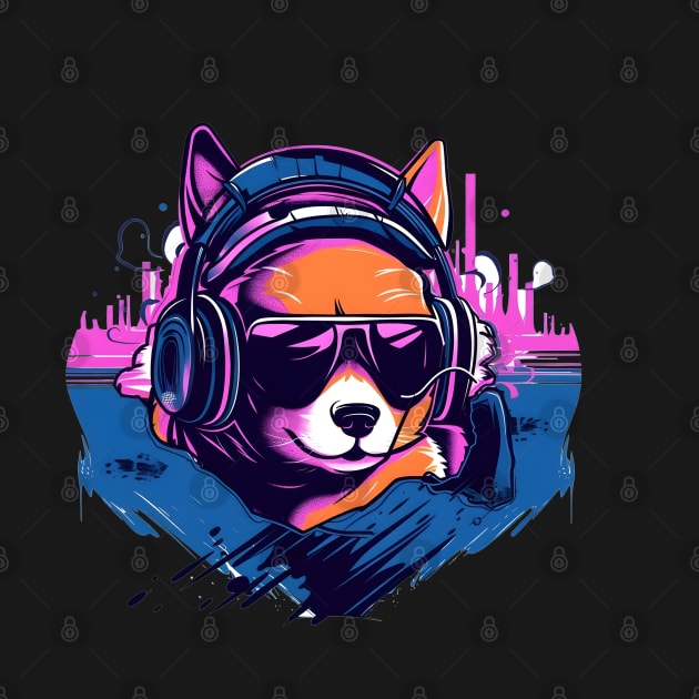 Shiba Inu wears headphones - synth wave style by ro83land