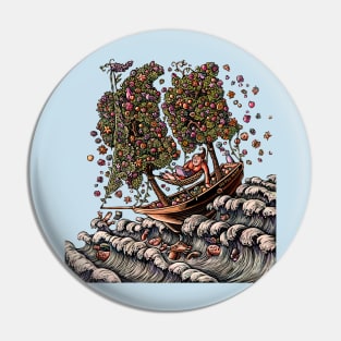 Woman in Ship on Ocean, Sails of Flowering Trees Pin