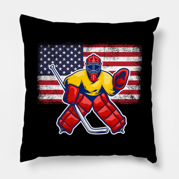 Vintage Ice Hockey Goalie American USA Flag Gift For Goalie Pillow by DragonTees