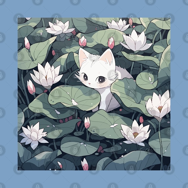 Cute white kitten in a field of lotus flowers by etherElric