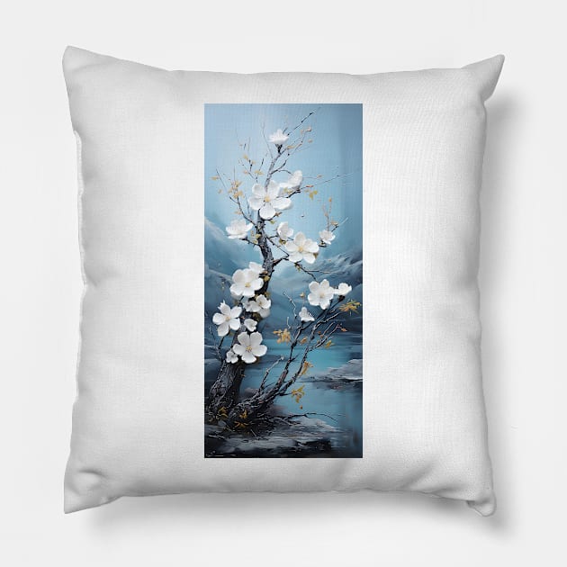 Landscape art of a tree blossoming with white flowers Pillow by UmagineArts