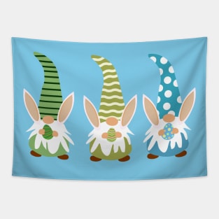 Cute Three easter gnomes with bunny ears holding eggs Tapestry