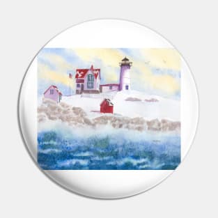 Christmas Card Watercolor Winter at Nubble Lighthouse in Maine Pin