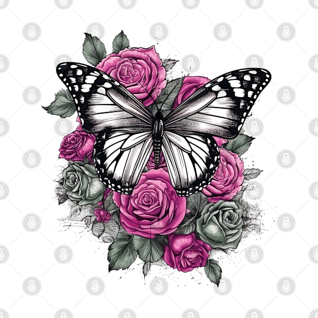 Butterfly and Pink Roses by Grafikstudio