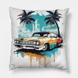 Old car with palm trees watercolor Pillow