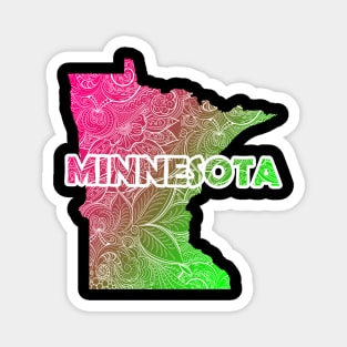 Colorful mandala art map of Minnesota with text in pink and green Magnet