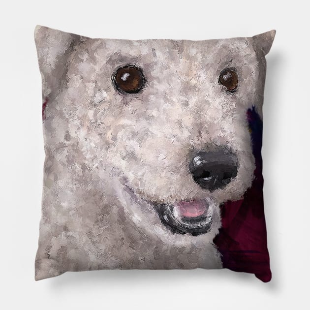 Painting of a Cute Fluffy White Maltipoo Smiling on Red and Purple Background Pillow by ibadishi