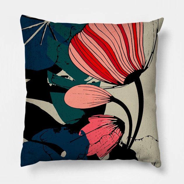 Flowers and leaves – Floral illustration in red, rose and dark colors Pillow by Piakolle