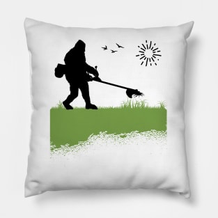 Bigfoot Mowing the Lawn Owner Grass Cutting Funny Sasquatch Pillow
