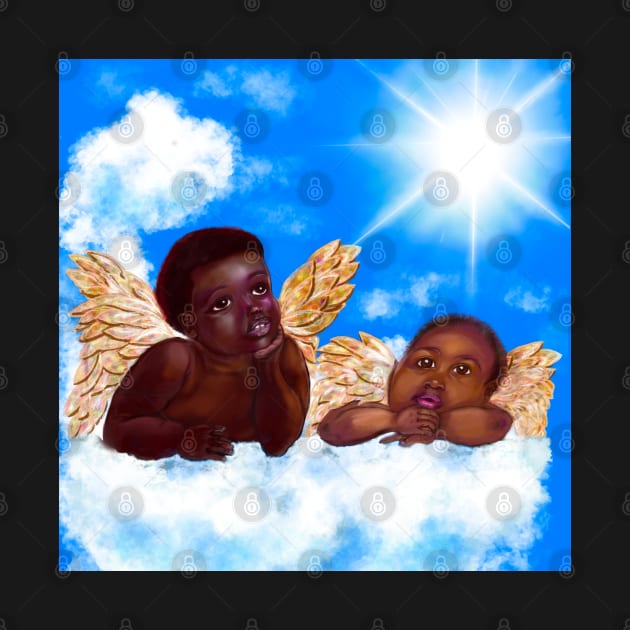 Cherubim- brown skin cherubs with curly Afro Hair and gold wings deep in thought on a cloud by Artonmytee