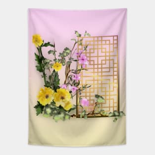 Yellow sumiE watercolor flowers with a chinese lattice Tapestry