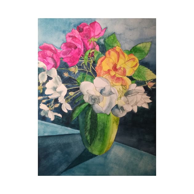 Vase of multicoloured roses in watercolour by esvb