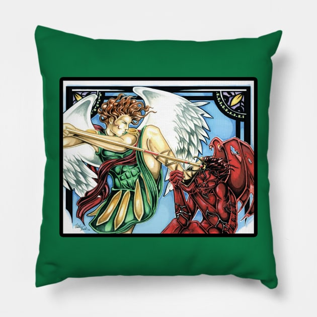 St. Michael Slays The Evil One - Black Outlined Version Pillow by Nat Ewert Art