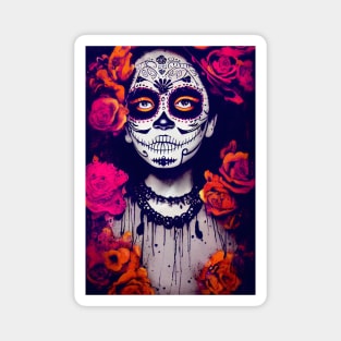 Dia de Los Muertos, Day of the Dead Catrina with pink and orange flowers Magnet