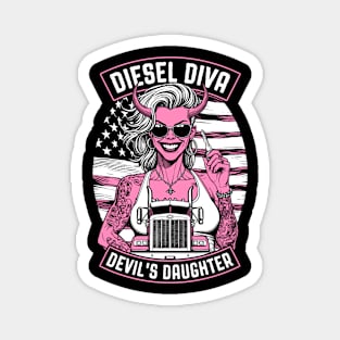 Woman Trucker Diesel Diva Female Devil Truck Driver USA Flag Magnet