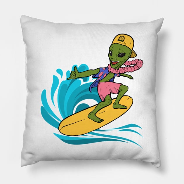 Surfer with Alien Summer Surfing Pillow by Leonitrias Welt