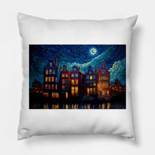 A city at night with a full moon. Pillow