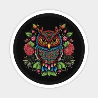 Colorful Owl, Flowers and Leaves Emblem Magnet