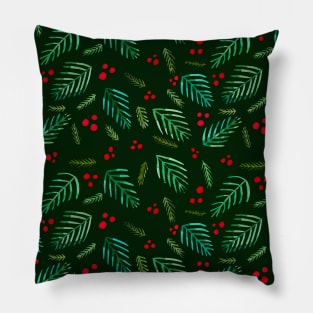 Christmas tree branches and berries - green Pillow