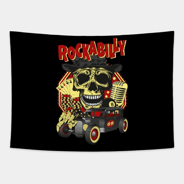 Rockabilly Skull Hot Rod Tapestry by RockabillyM