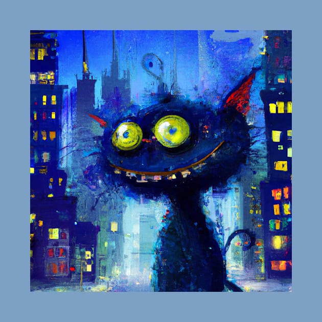 Coffee Drinking Blue Cat Stays Up All Night in the City by Star Scrunch