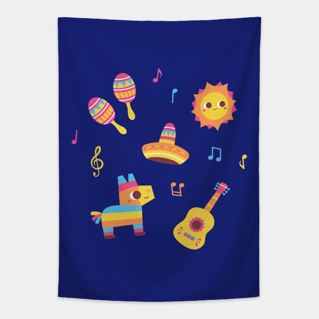 Cute Fiesta Maracas, Sun, Sombrero, Pinata, Guitar Set Tapestry by rustydoodle