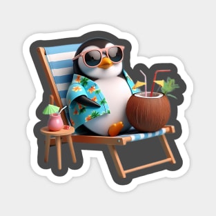 A penguin wearing a Hawaiian shirt and sunglasses, lounging on a beach chair with a coconut drink Magnet