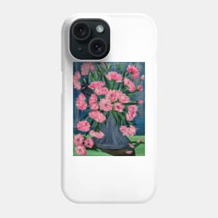 Pink and white carnations flowers in a blue and silver metallic vase. Phone Case