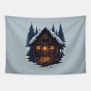 Wooden cottage in the winter forest. Tapestry