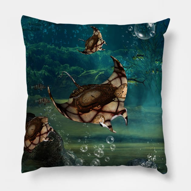 Awesome steampunk manta ray in the deep ocean Pillow by Nicky2342