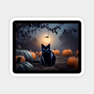 Sleek black cat in a pumpkin patch on Halloween night Magnet