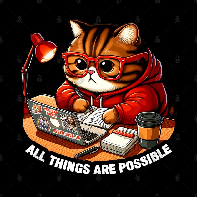 All Things Are Possible Chubby Tabby Cat Laptop Homework Hardworking Study Hard by Plushism